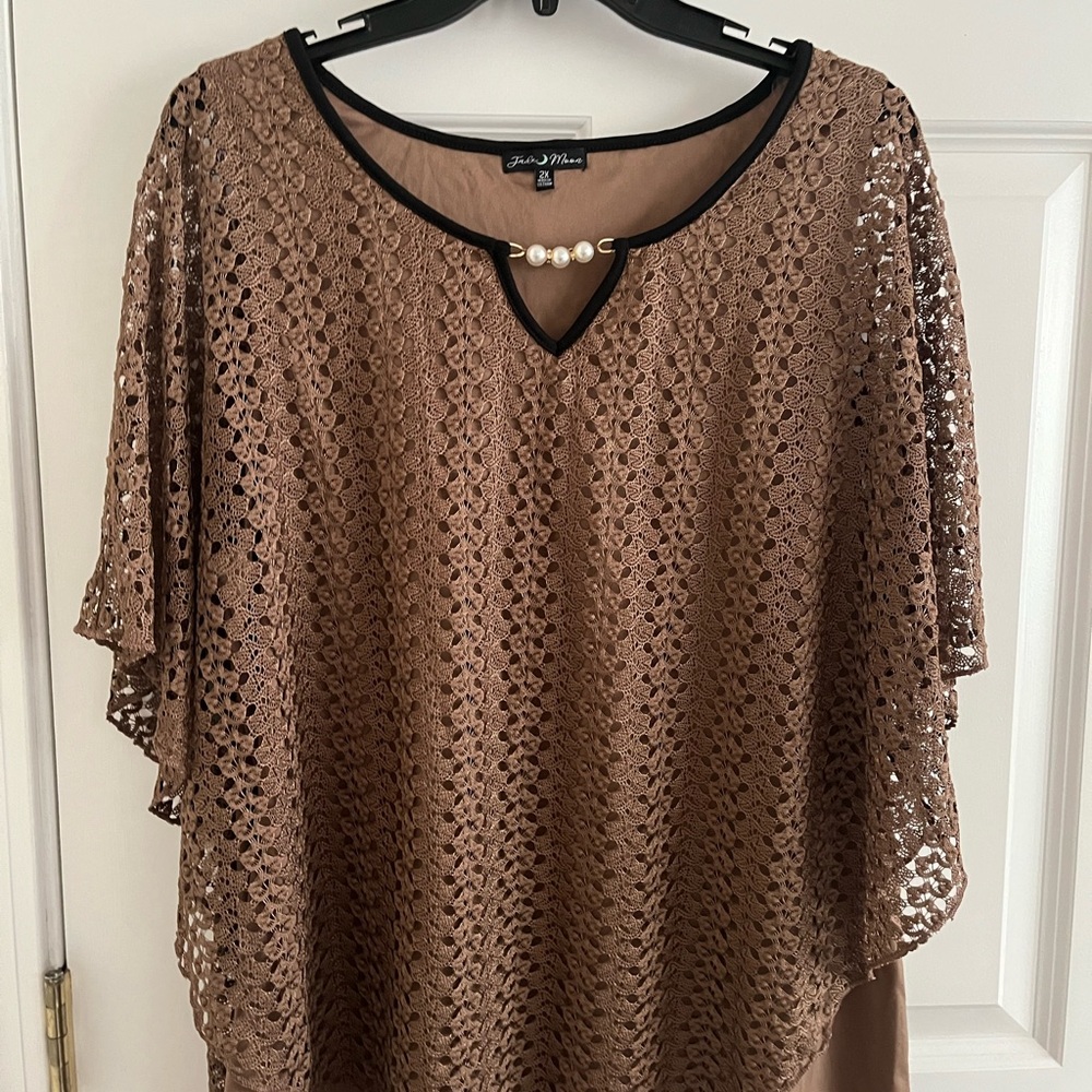 Pretty Brown Lace Blouse with Pearl Accent